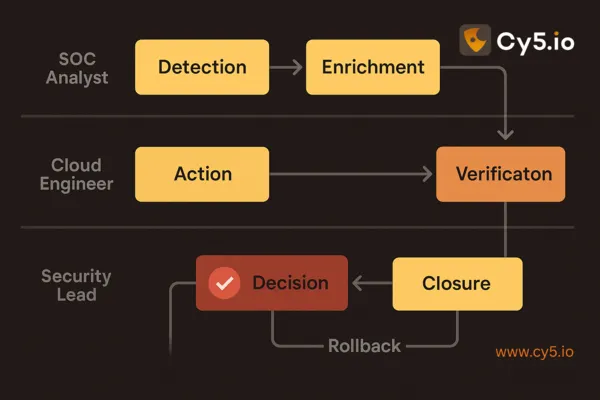 Swimlane chart for cloud detection and response incident flow with human approvals and rollback points. Cy5, a leading cloud security provider specializing in Cloud Detection and Response (CDR)