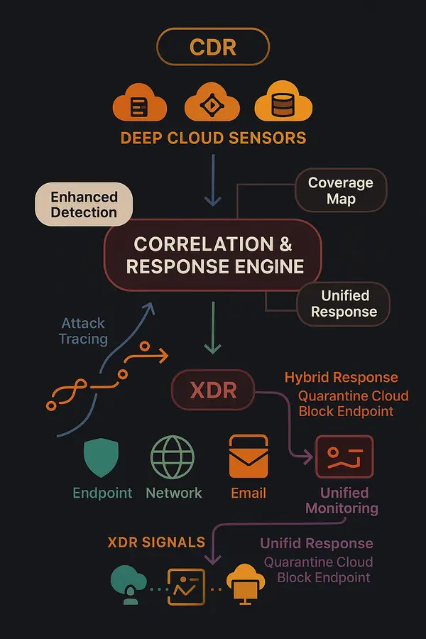 Cloud Threat Detection and Response Workflow Diagram in together operation with XDR, illustrated by Cy5, India's emerging cloud security provider.