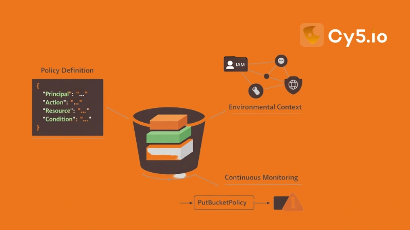 A diagram illustrating cloud storage bucket policy governance, showing JSON-based policy definition, IAM and data classification context mapping, and real-time PutBucketPolicy event monitoring converging on a secured storage bucket—representing Cy5 ion Cloud Security’s event-driven CSPM architecture for continuous least-privilege enforcement and DPDP Act compliance across AWS, Azure, and GCP environments.