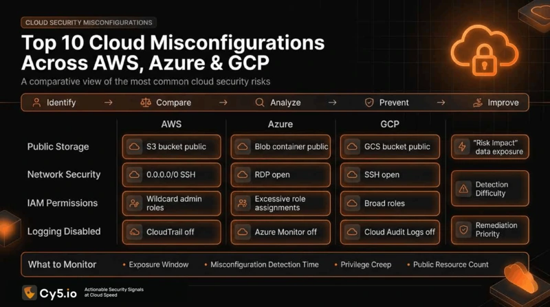 Cy5.io infographic comparing IAM, storage, and network misconfigurations across AWS, Azure, and GCP