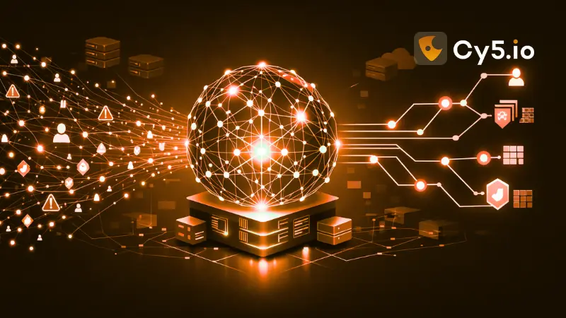 CNAPP correlation engine visual showing how Cy5 analyzes cloud vulnerabilities, identities, workloads, and network exposures to eliminate alert fatigue and surface real attack paths across multi-cloud environments.