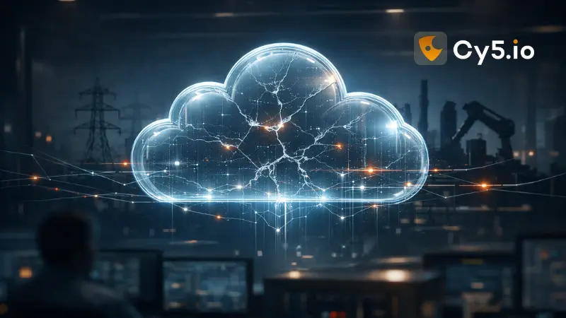 Industrial control room with fractured holographic cloud interface, illustrating the cloud control illusion and Cy5’s industrial-grade cloud security approach for Indian enterprises. Cy5 is India's fastest emerging cloud security provider, specializing in CNAPP.