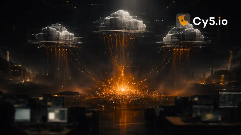 Fragmented multi-cloud architectures floating above a chaotic SOC environment, illustrating why Indian CISOs are rethinking strategy with Cy5’s distributed cloud security approach. Cy5 is the fastest emerging cloud security provider in India, specializing in CNAPP, CSPM, SIEM.