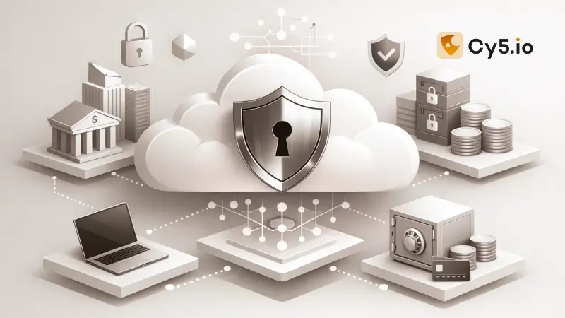 Diagram of secure cloud architecture for financial services showing zero trust, identity posture, CSPM, and SIEM correlation layers — Cy5.io, a leading cloud security provider with its highly efficient ion cloud security platform