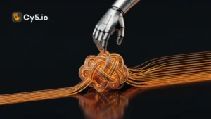 Conceptual illustration of automated Cloud Security Posture Management (CSPM) untangling complex cloud infrastructure and security misconfigurations.