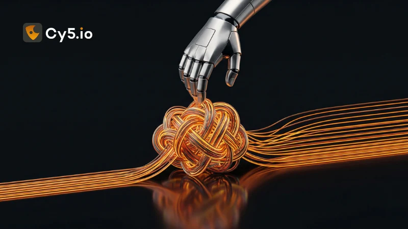 Conceptual illustration of automated Cloud Security Posture Management (CSPM) untangling complex cloud infrastructure and security misconfigurations.