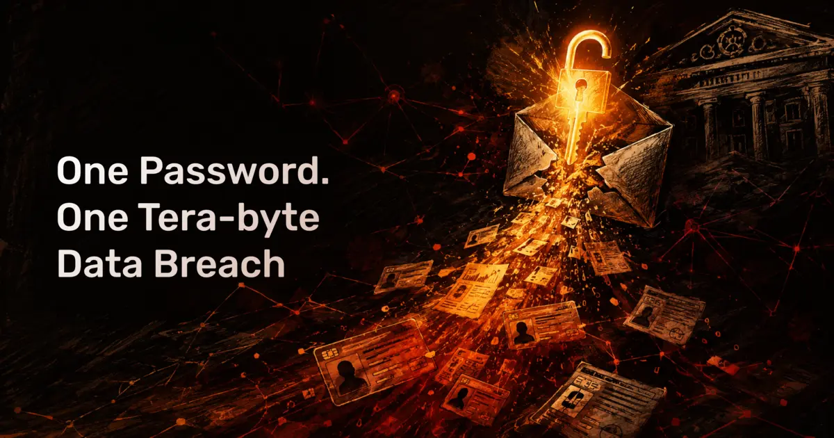 Bank of Baroda data breach 2026 — how one compromised email led to a 1TB leak, illustrated attack-path concept art.