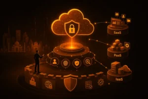 Illustration of a secure cloud computing architecture showing SaaS, PaaS, and IaaS service models protected through identity security, access controls, compliance, and layered cloud security measures.