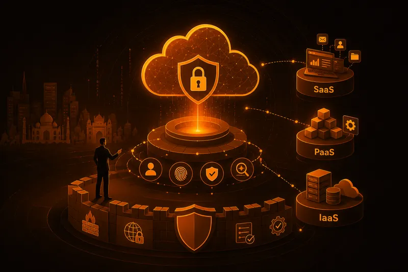 Illustration of a secure cloud computing architecture showing SaaS, PaaS, and IaaS service models protected through identity security, access controls, compliance, and layered cloud security measures.