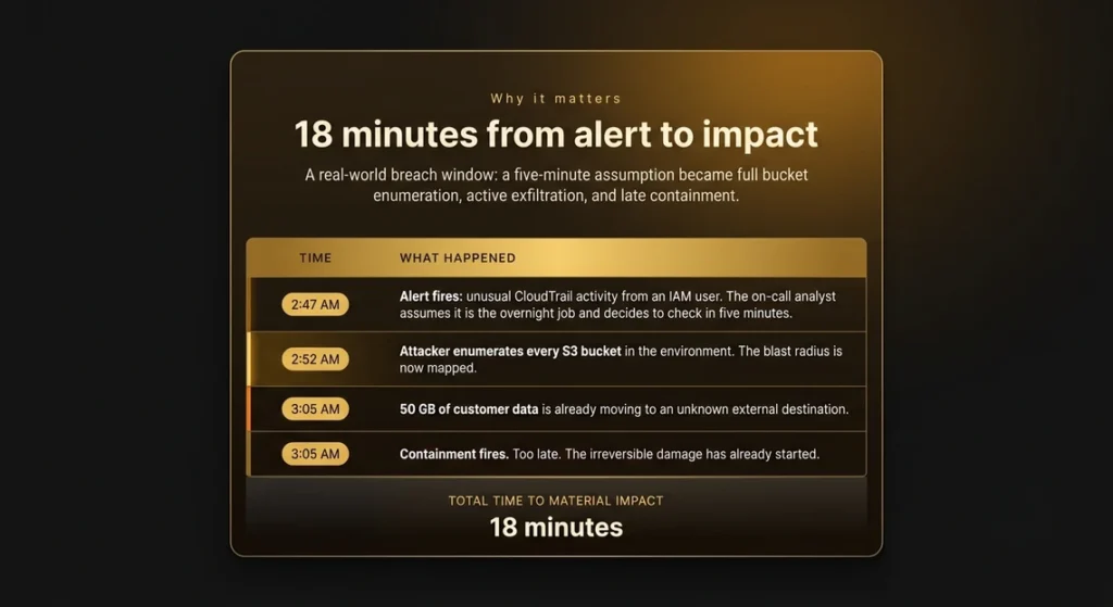 Timeline of an 18-minute cloud breach: IAM alert to S3 enumeration to 50 GB data exfiltration