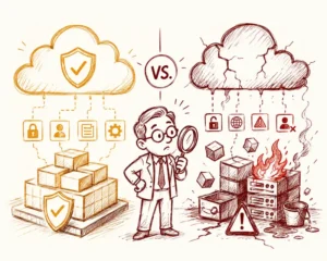 Cloud security architecture visual comparing least privilege, secure‑by‑default, defense in depth, and immutable infrastructure against real AWS misconfiguration patterns affecting BFSI and regulated Indian enterprises.