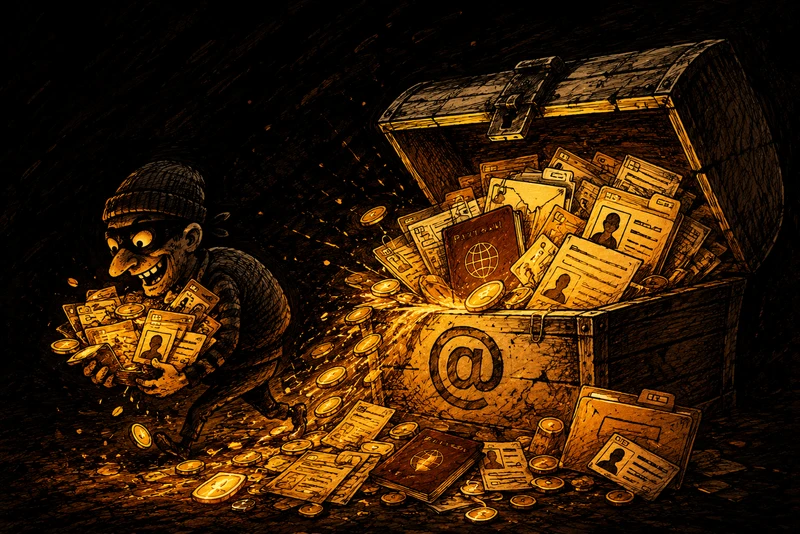 Illustration of a cracked-open email envelope spilling KYC forms, ID cards and documents like treasure, showing how a corporate inbox becomes a store of sensitive data for attackers.