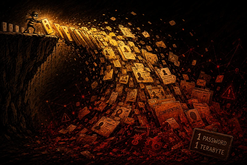 Conceptual caricature of a tiny key tipping into a massive avalanche of falling documents, depicting how one weak password led to Bank of Baroda's 1TB data leak.