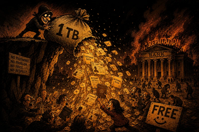 Dark-humour caricature of a hooded figure dumping a 1TB sack of data into a public square for free while a bank's reputation smoulders, representing the TripleX double-extortion leak of Bank of Baroda data.
