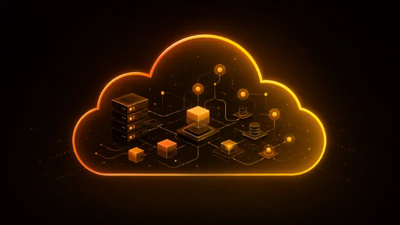 Illustration of a cloud environment holding servers and linked data nodes within a glowing amber cloud.