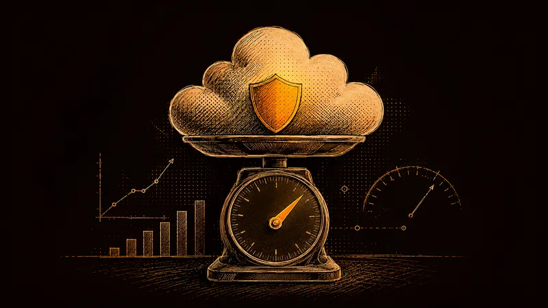 a shielded cloud on a measuring gauge with rising numbers, showing Indian enterprises putting a number on cloud security risk.