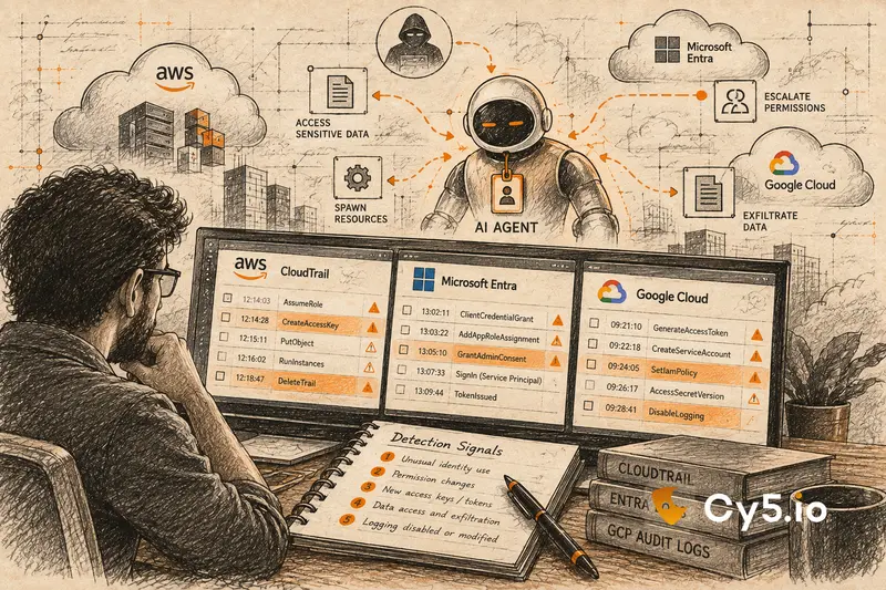 each step of an AI agent compromise to AWS CloudTrail, Azure and GCP audit log evidence