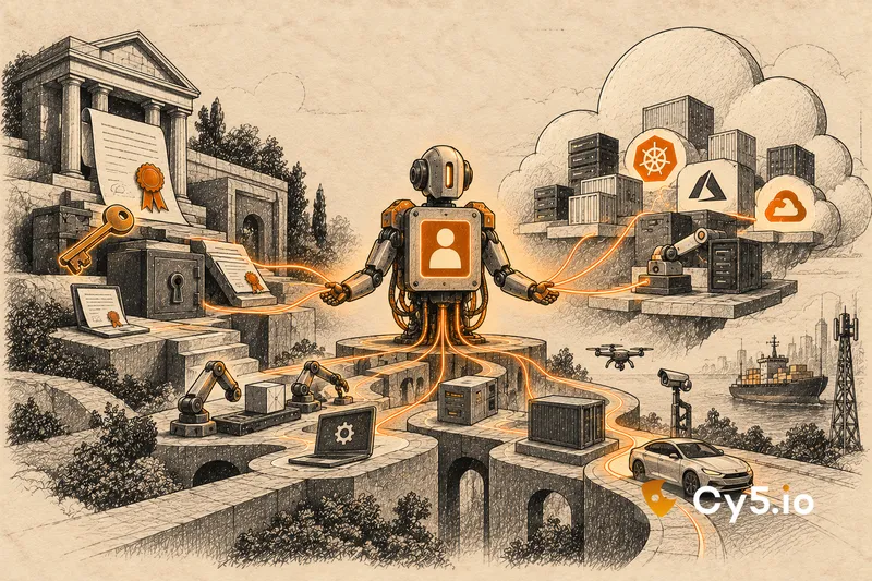 Diagram of the two lineages of machine identity: PKI certificates and keys on one side, cloud IAM roles, managed identities and service accounts on the other