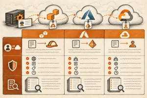 Three-cloud table of workload identity federation mechanisms, trust conditions and log evidence on AWS, Azure and GCP